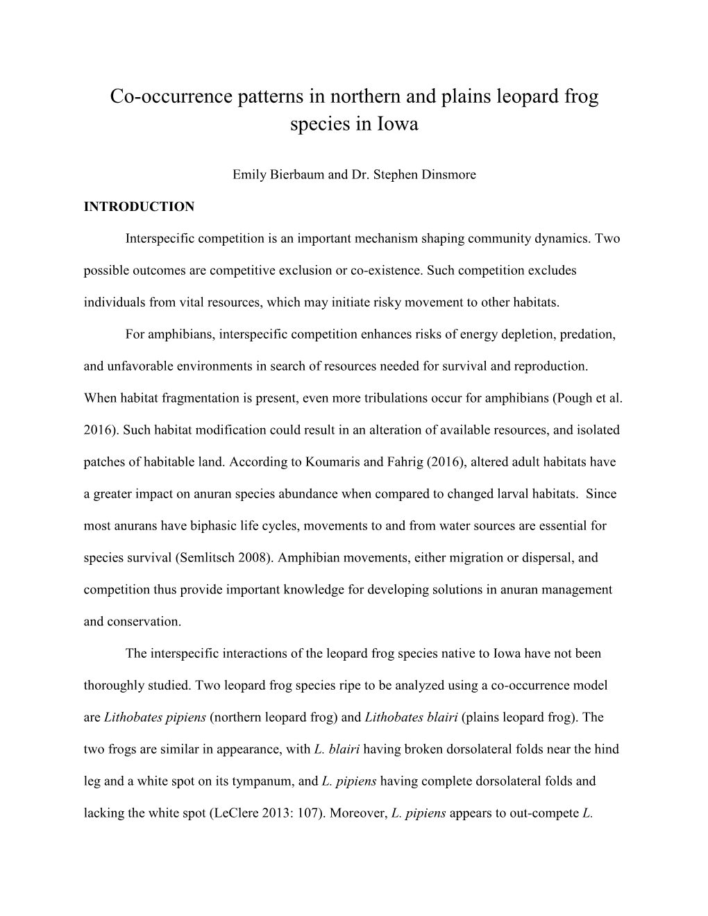 Co-Occurrence Patterns of Two Leopard Frog Species in Iowa