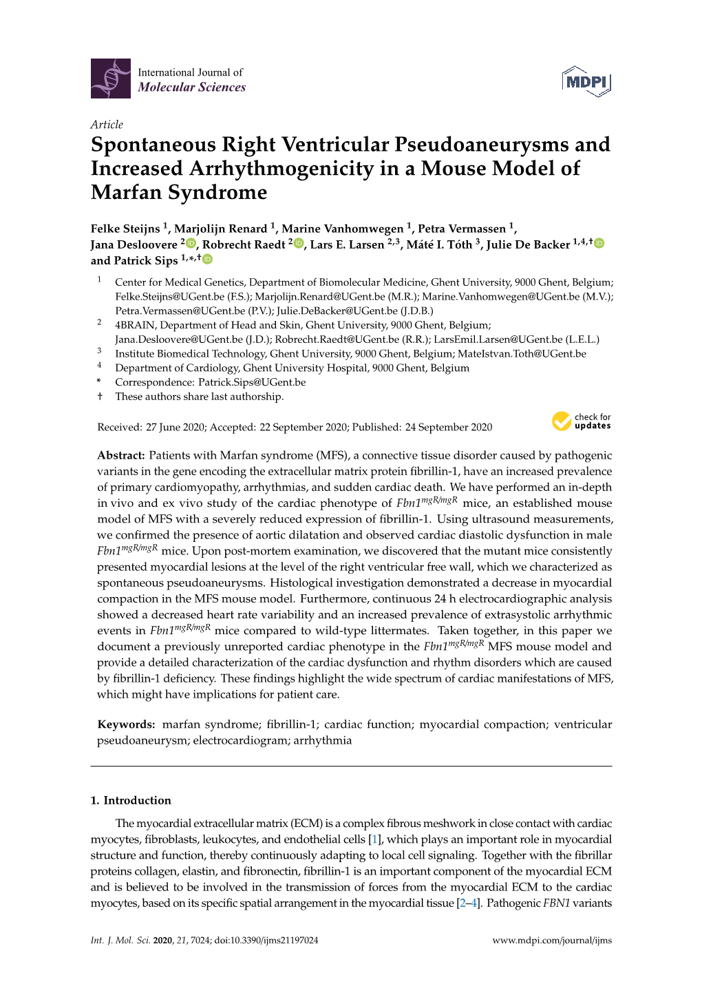 Spontaneous Right Ventricular Pseudoaneurysms and Increased Arrhythmogenicity in a Mouse Model of Marfan Syndrome