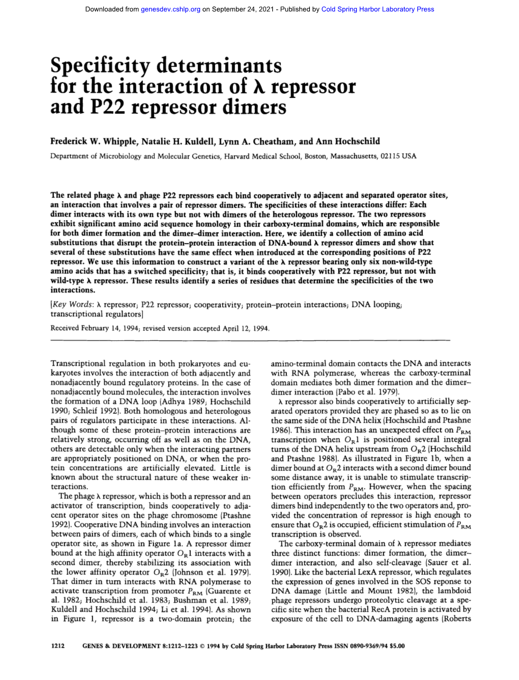 Specificity Determinants for the Interaction of Repressor and P22 Repressor Dimers