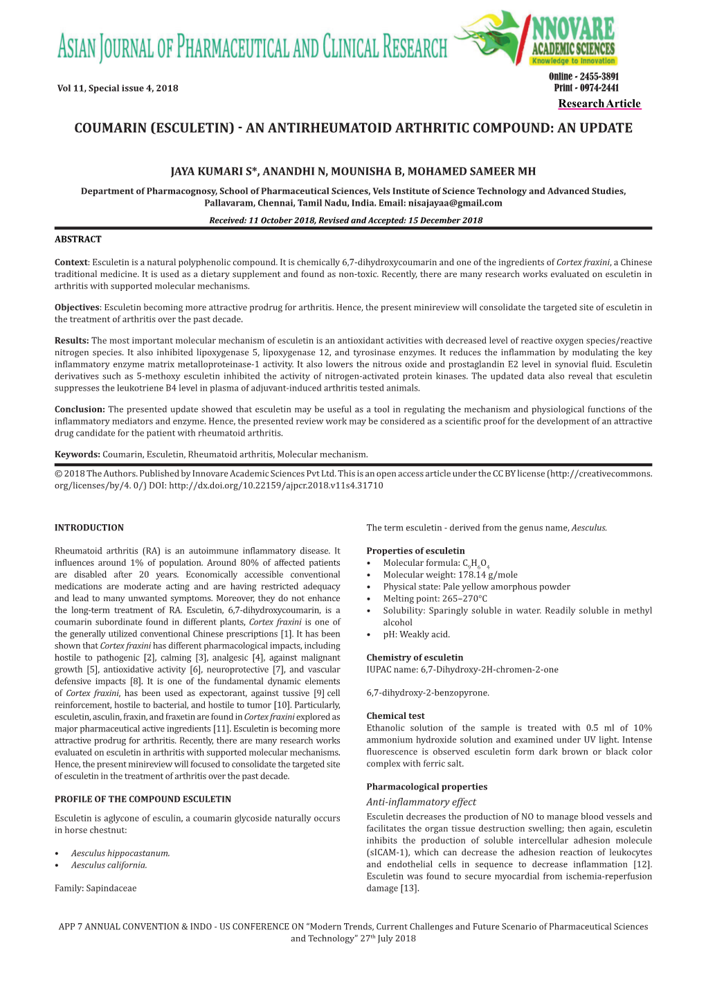 Esculetin) - an Antirheumatoid Arthritic Compound: an Update