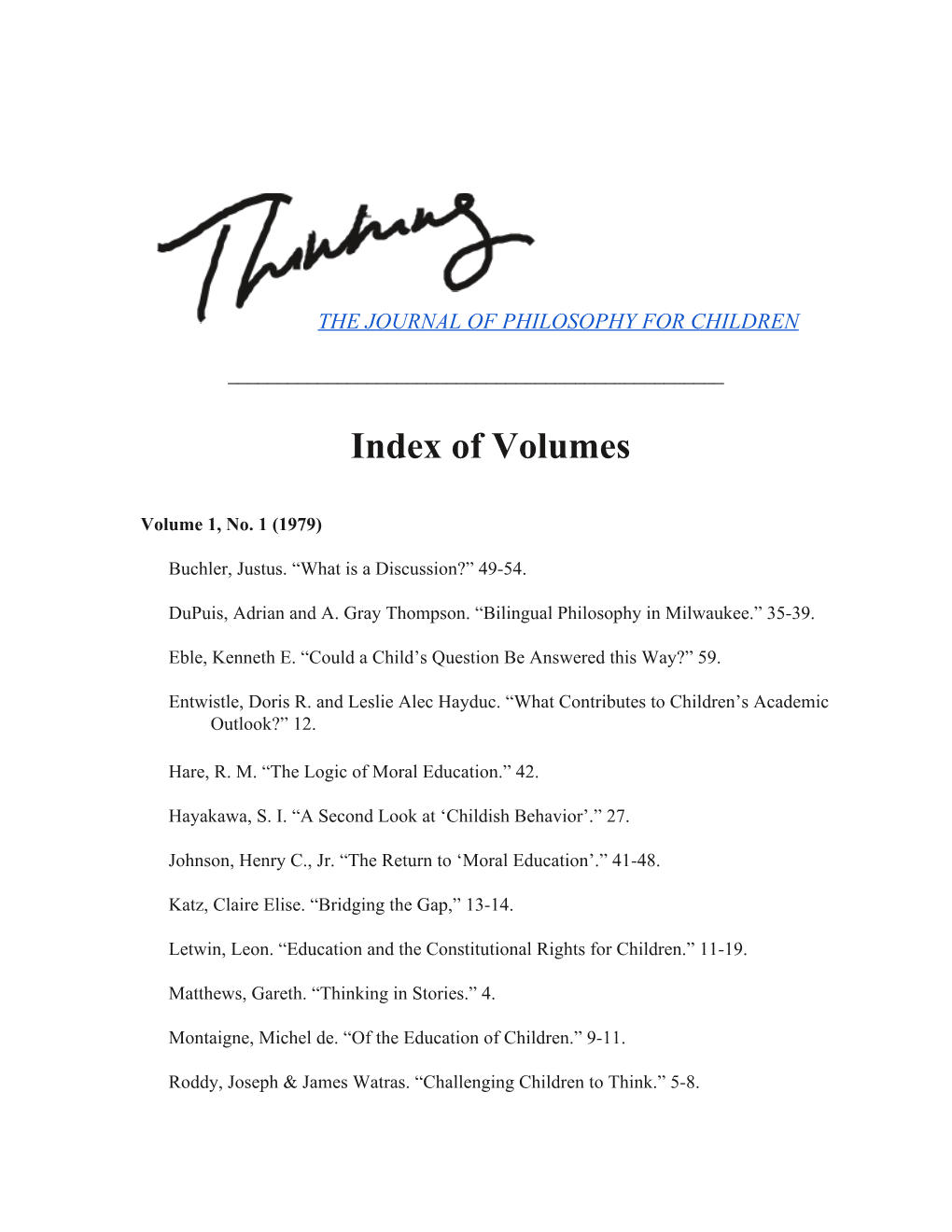 Index of Thinking Volumes