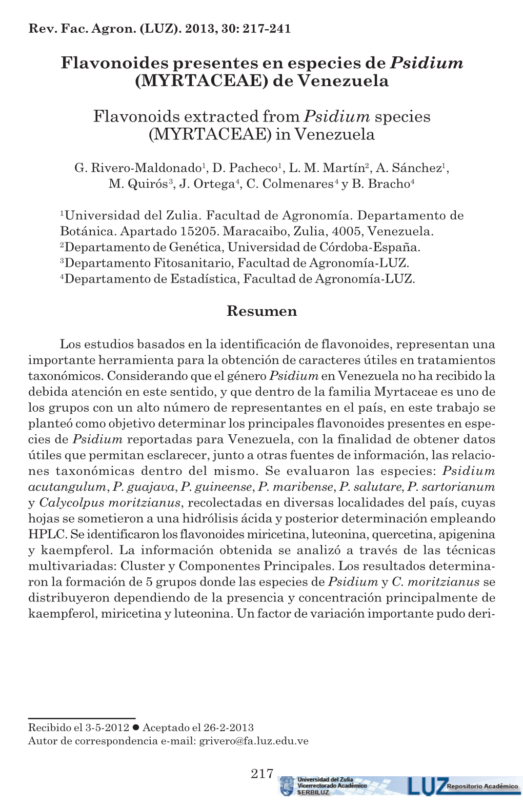 (MYRTACEAE) De Venezuela Flavonoids Extracted from Psidium