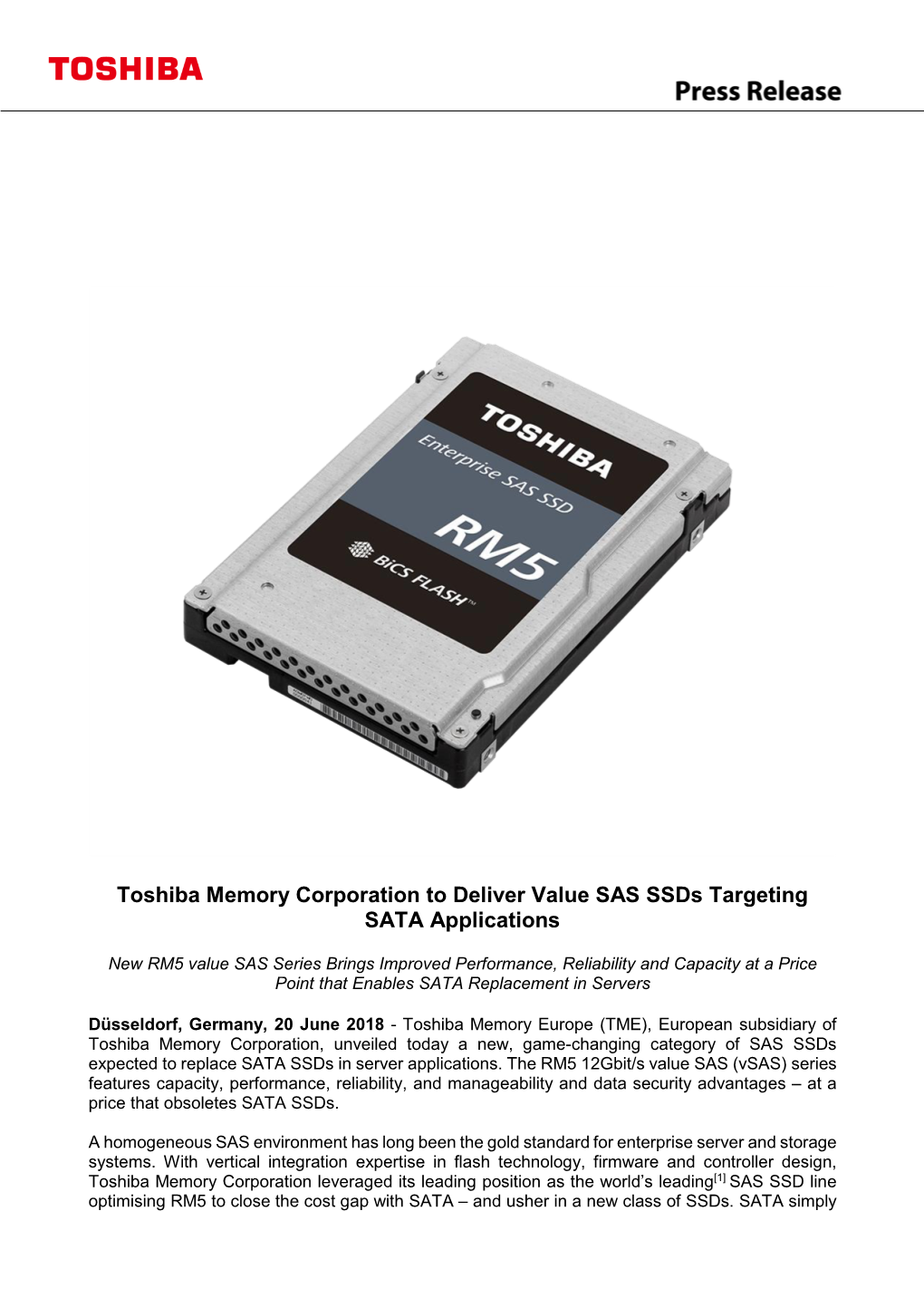 Toshiba Memory Corporation to Deliver Value SAS Ssds Targeting SATA Applications