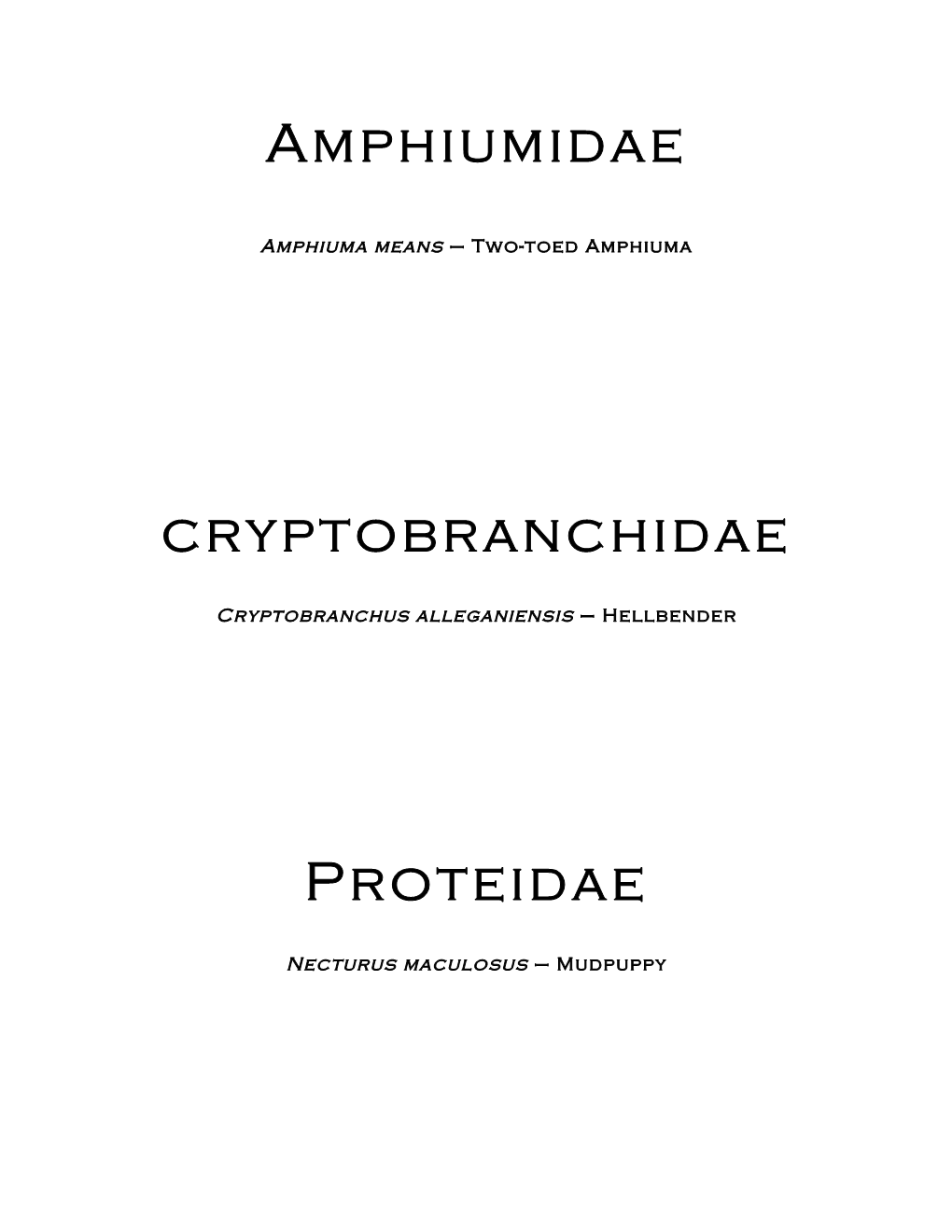 Amphiumidae Cryptobranchidae Proteidae