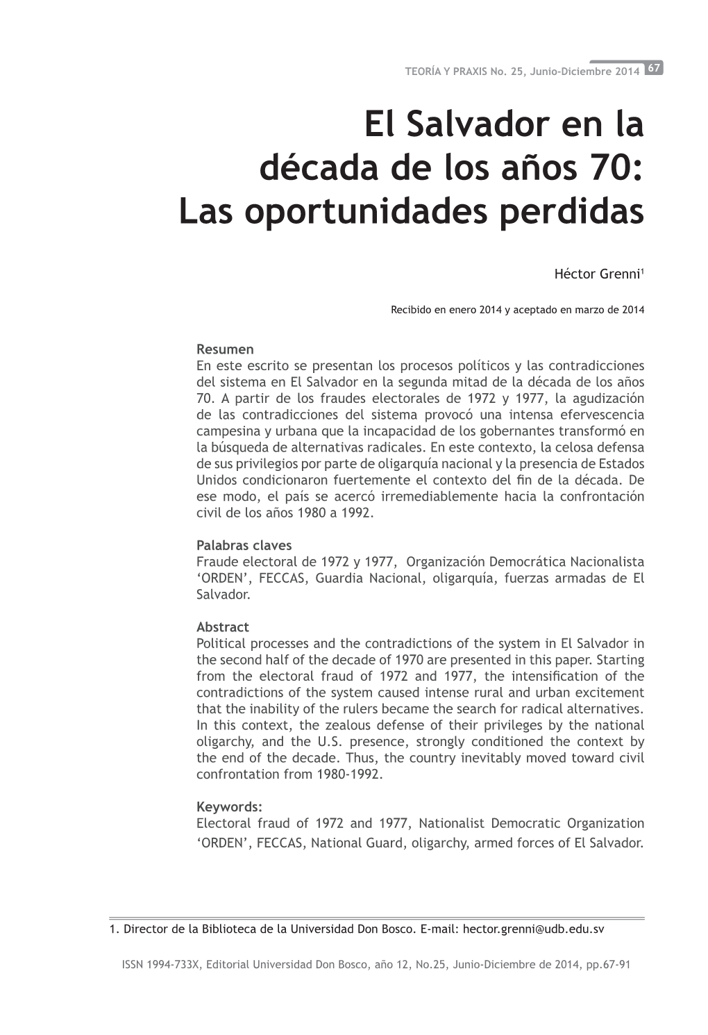 El Salvador En La Década De Los Años 70: Las Oportunidades Perdidas