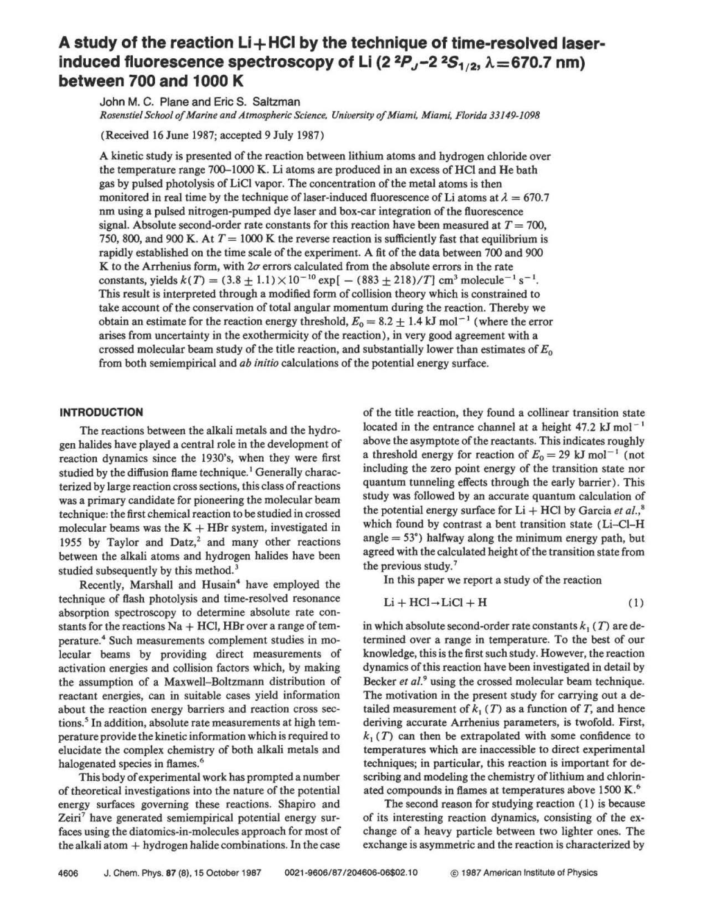 Induced Fluorescence Spectroscopy of Li (2 PJ-2 5 112, A.=670.7 Nm) Between 700 and 1000 K John M