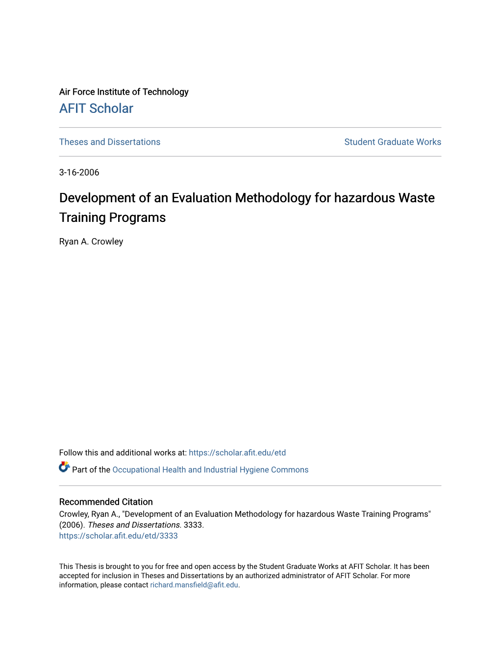 Development of an Evaluation Methodology for Hazardous Waste Training Programs