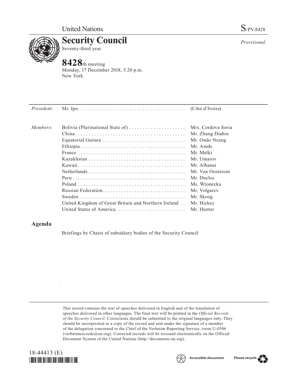 S/PV.8428 Briefings by Chairs of Subsidiary Bodies of the Security Council 17/12/2018