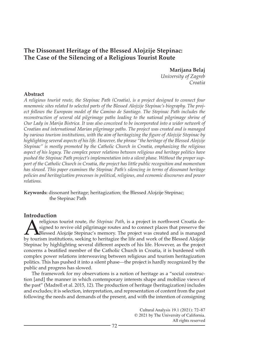 The Dissonant Heritage of the Blessed Alojzije Stepinac: the Case of the Silencing of a Religious Tourist Route