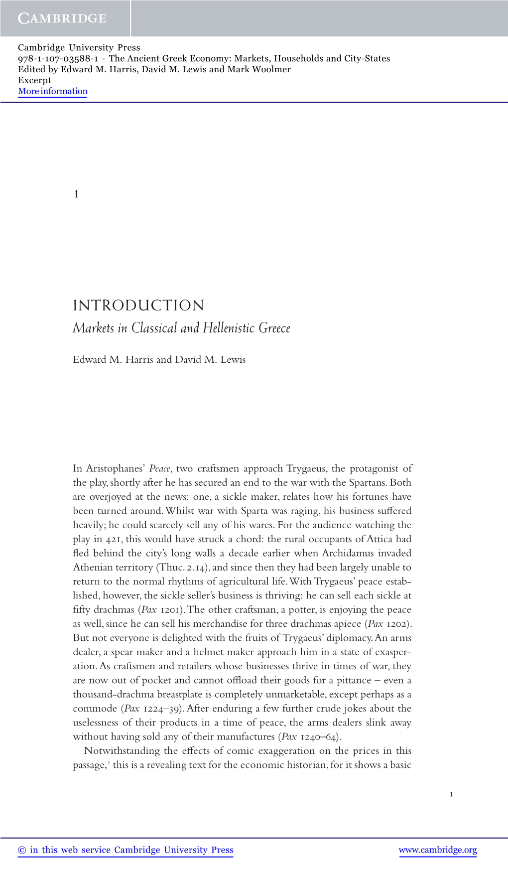 INTRODUCTION Markets in Classical and Hellenistic Greece