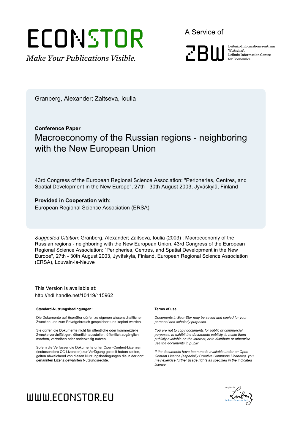 Macroeconomy of the Russian Regions - Neighboring with the New European Union