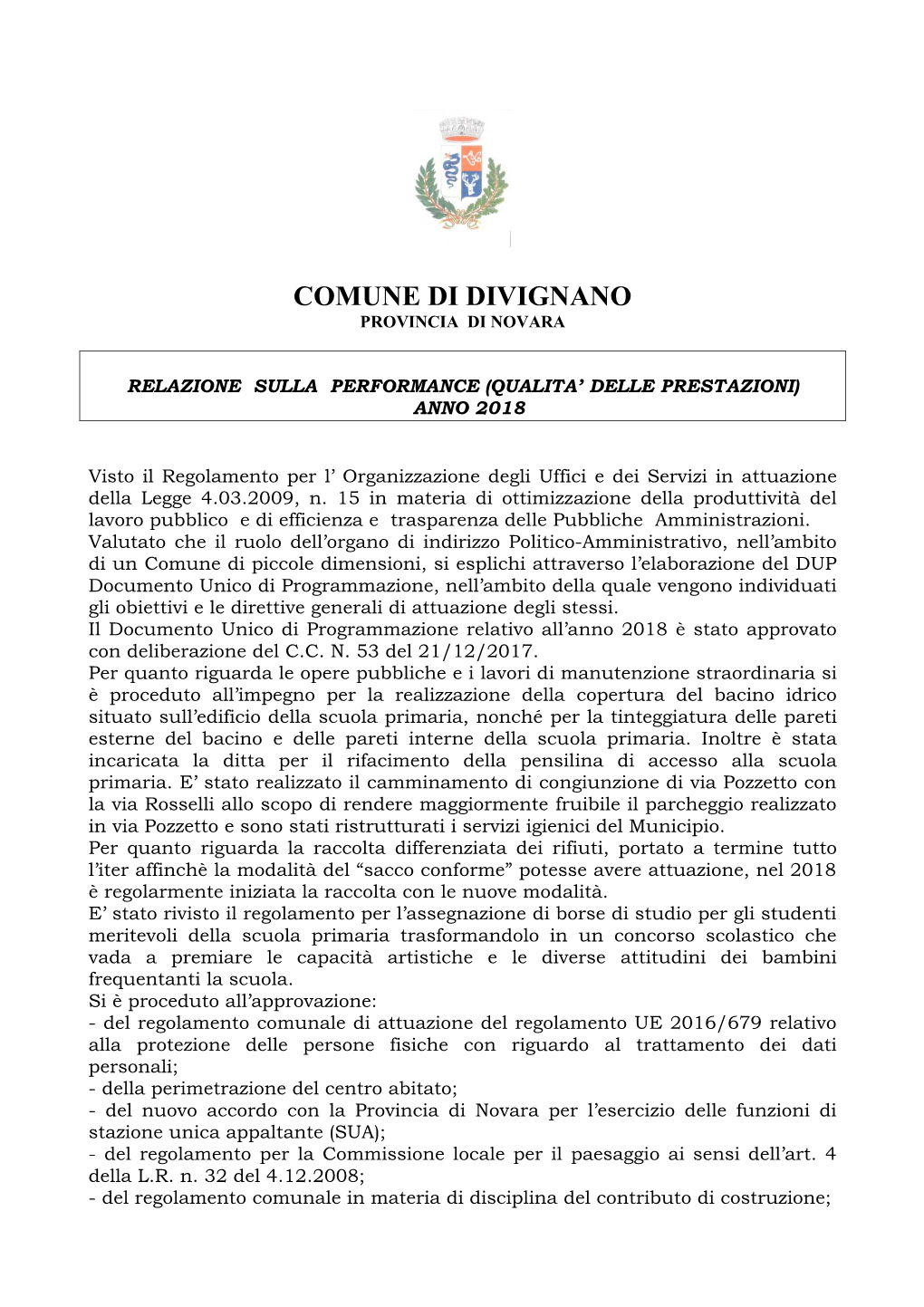 DIVIGNANO Relazione Performance