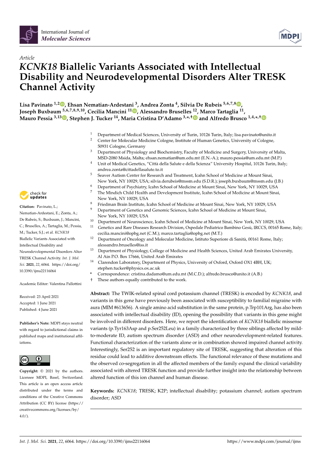 KCNK18 Biallelic Variants Associated with Intellectual Disability and Neurodevelopmental Disorders Alter TRESK Channel Activity