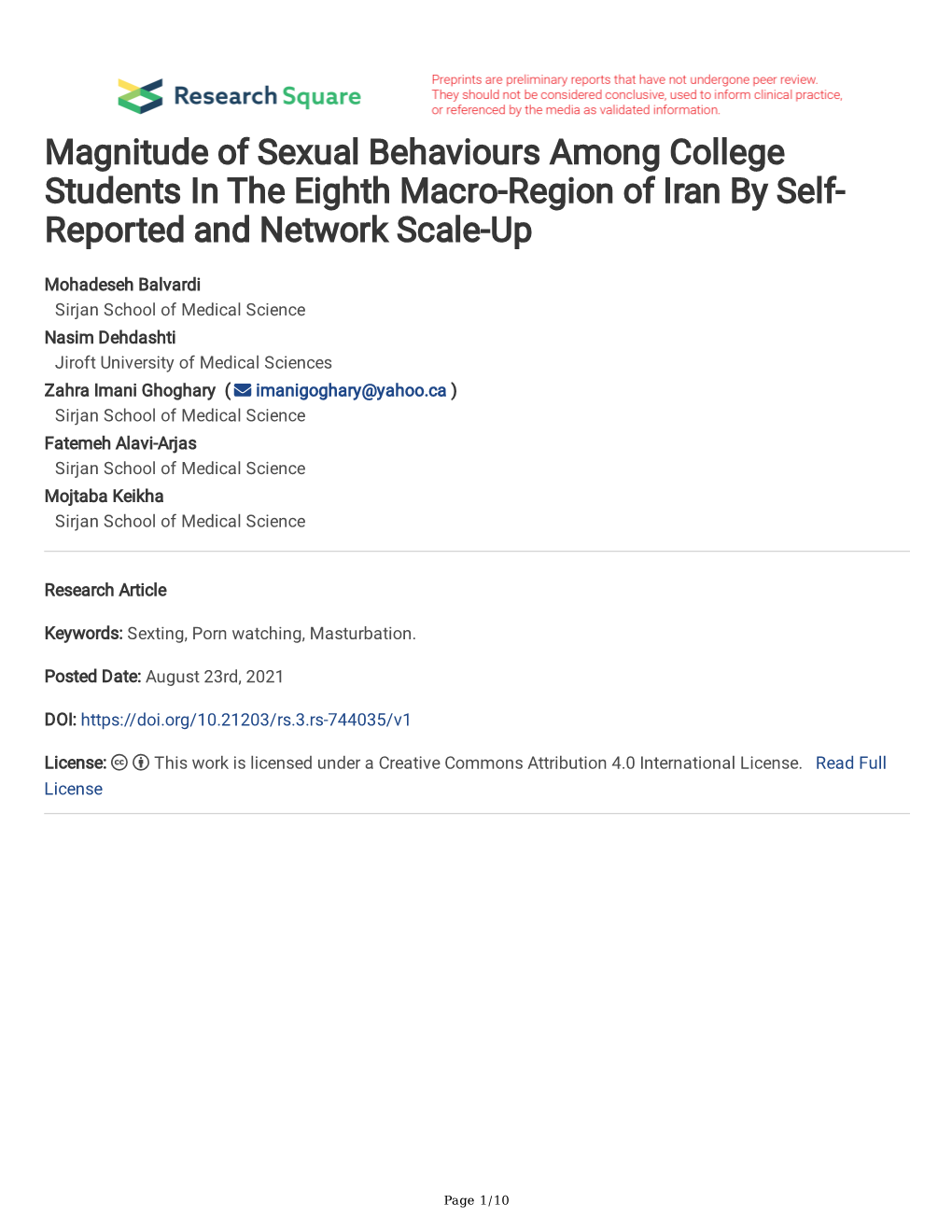 Magnitude of Sexual Behaviours Among College Students in the Eighth Macro-Region of Iran by Self- Reported and Network Scale-Up