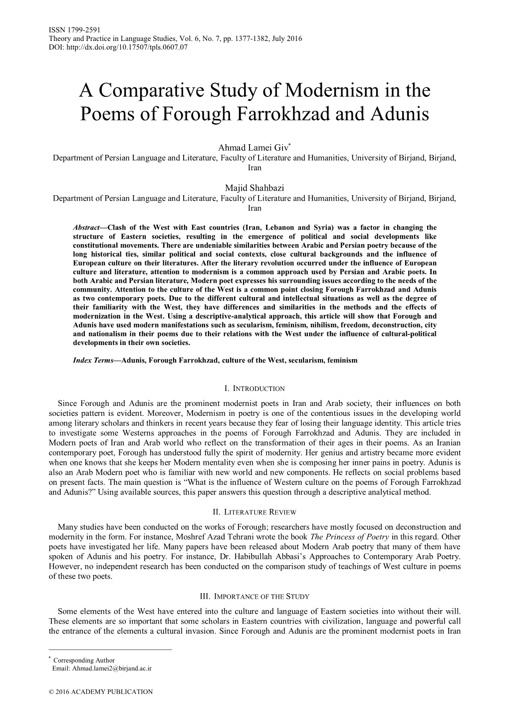 A Comparative Study of Modernism in the Poems of Forough Farrokhzad and Adunis