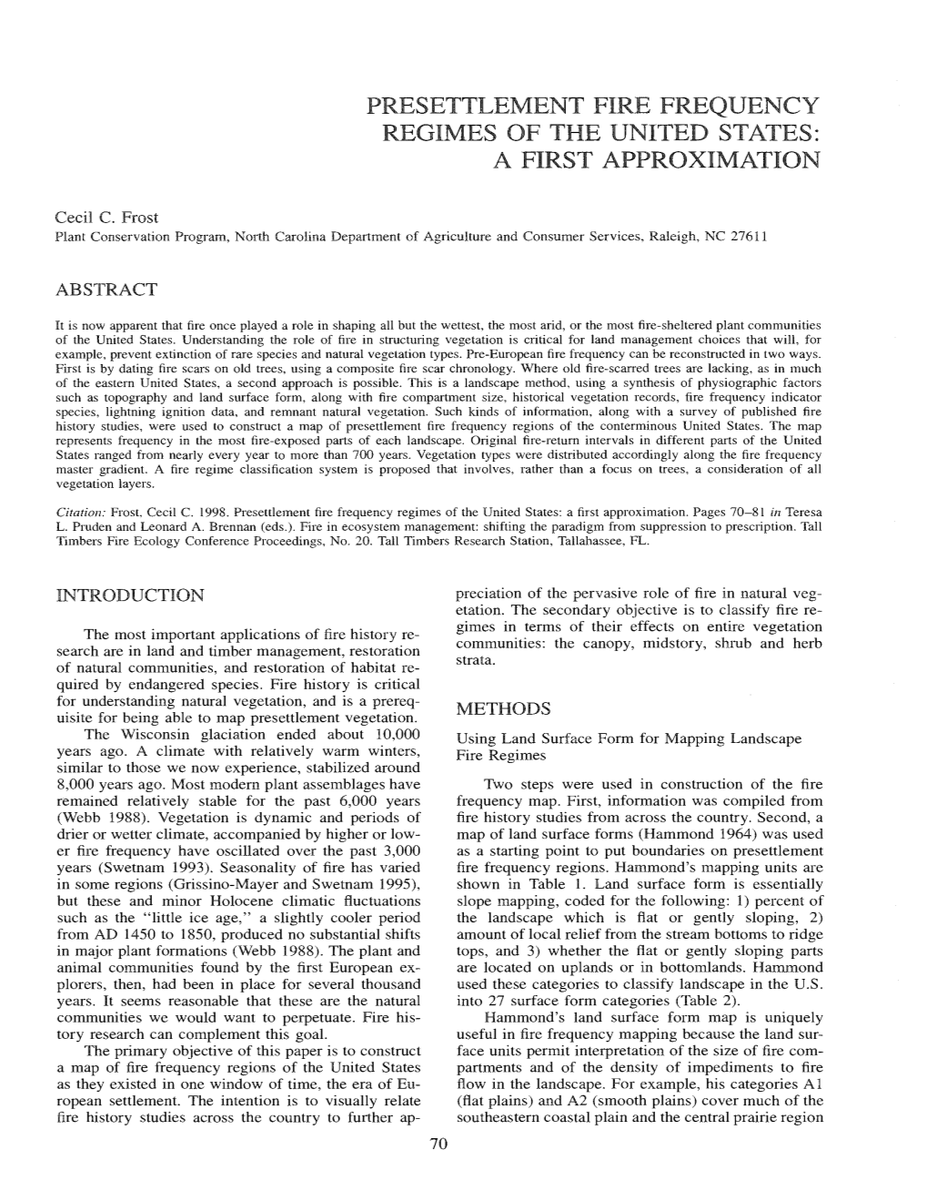 Presettlement Fire Frequency Regimes of the United States: a First Approximation