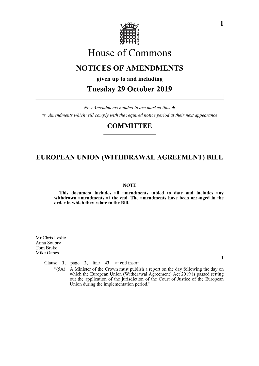 Notices of Amendments As at 29 October 2019