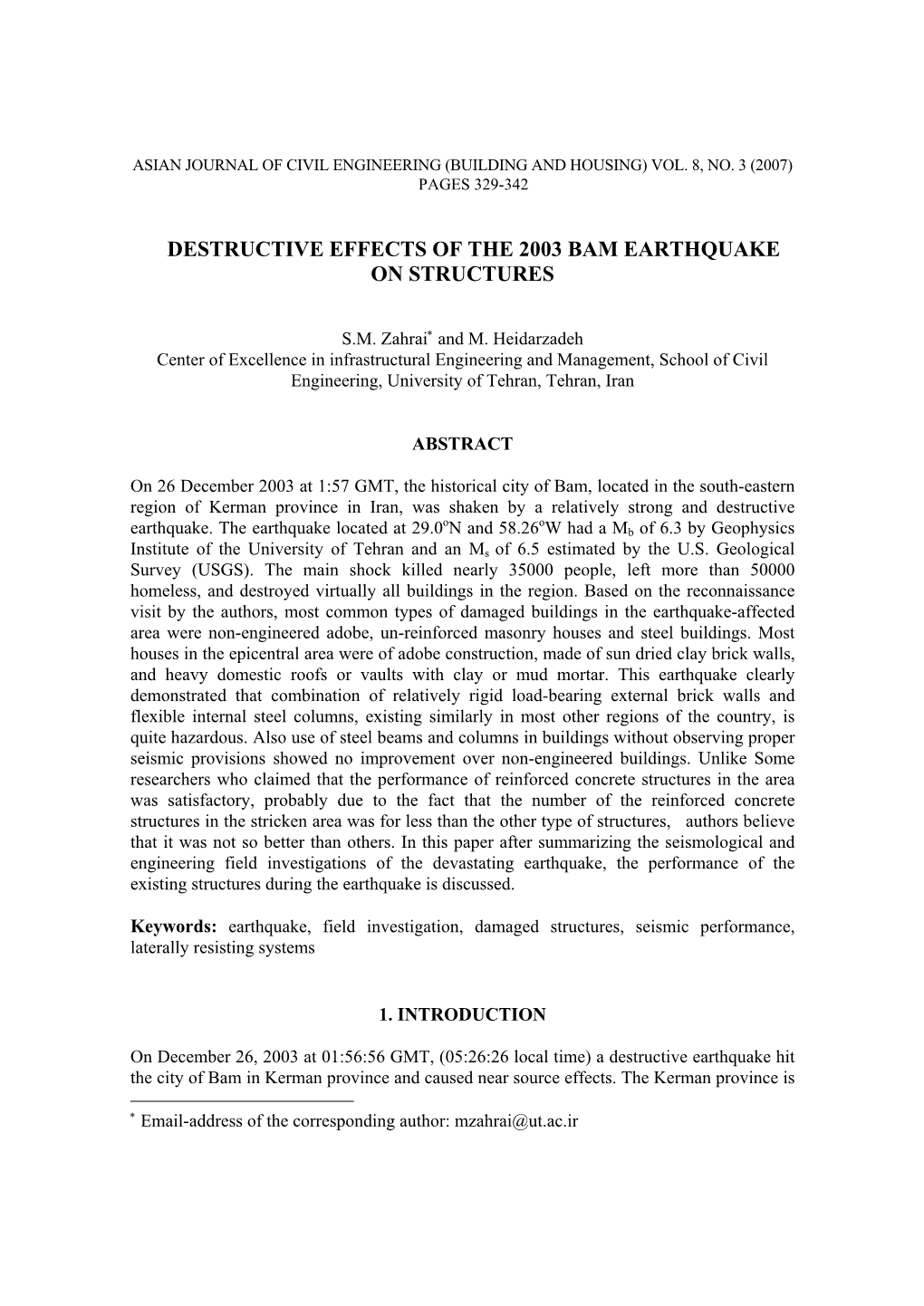 Destructive Effects of the 2003 Bam Earthquake on Structures