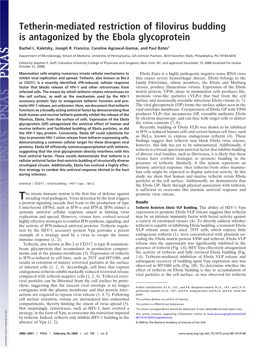 Tetherin-Mediated Restriction of Filovirus Budding Is Antagonized by the Ebola Glycoprotein