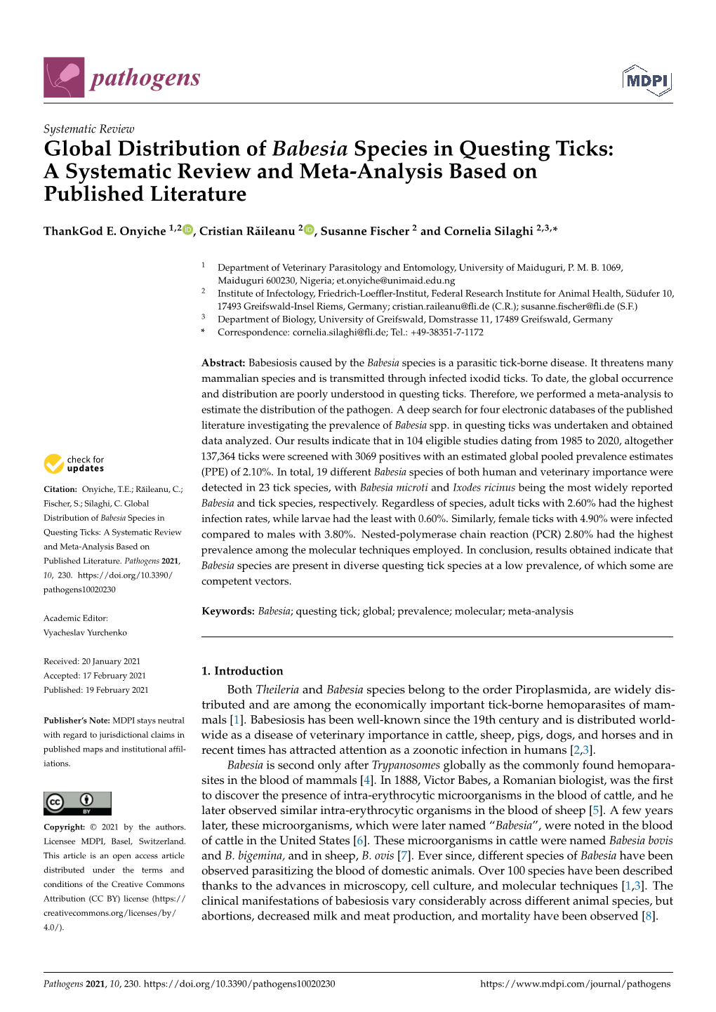 Global Distribution of Babesia Species in Questing Ticks: a Systematic Review and Meta-Analysis Based on Published Literature