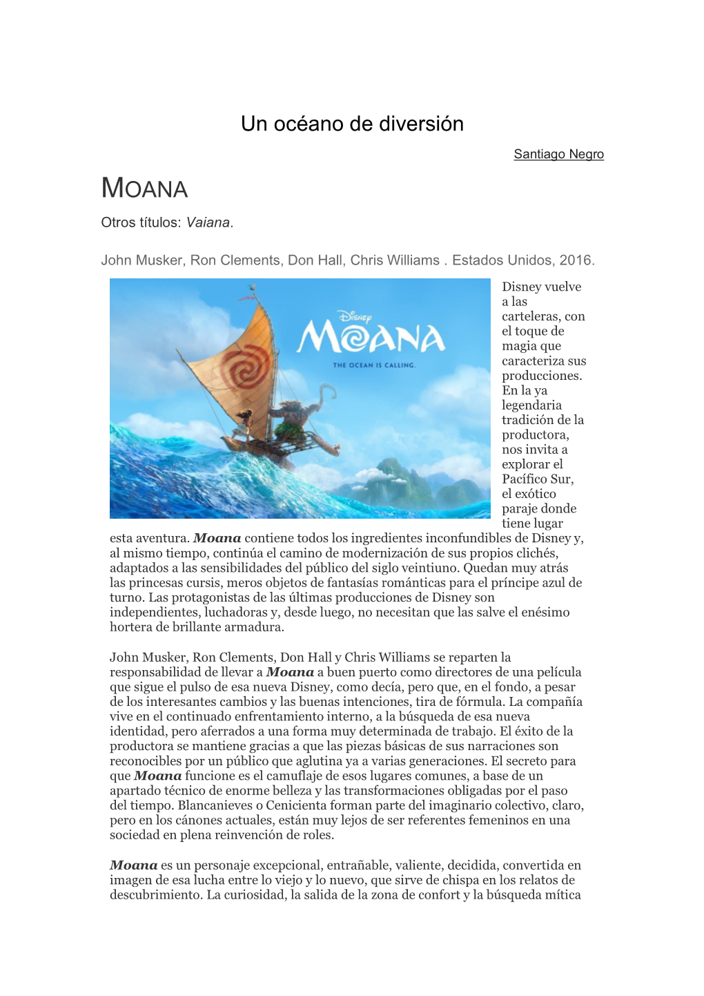 Un Océano De Diversión Santiago Negro MOANA Otros Títulos: Vaiana