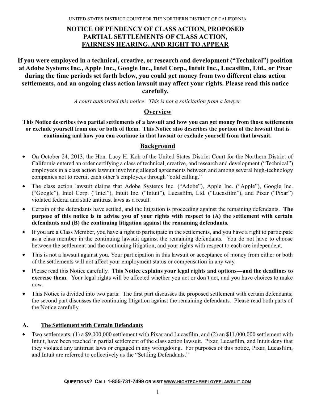 Notice of Pendency of Class Action, Proposed Partial Settlements of Class Action, Fairness Hearing, and Right to Appear