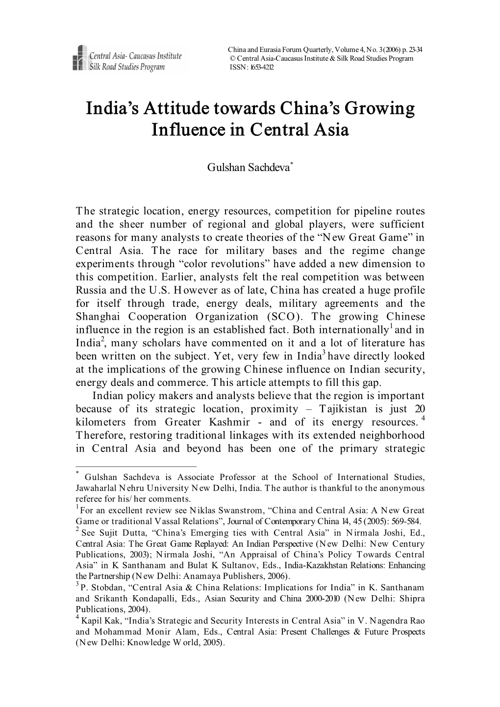 India's Attitude Towards China's Growing Influence in Central Asia