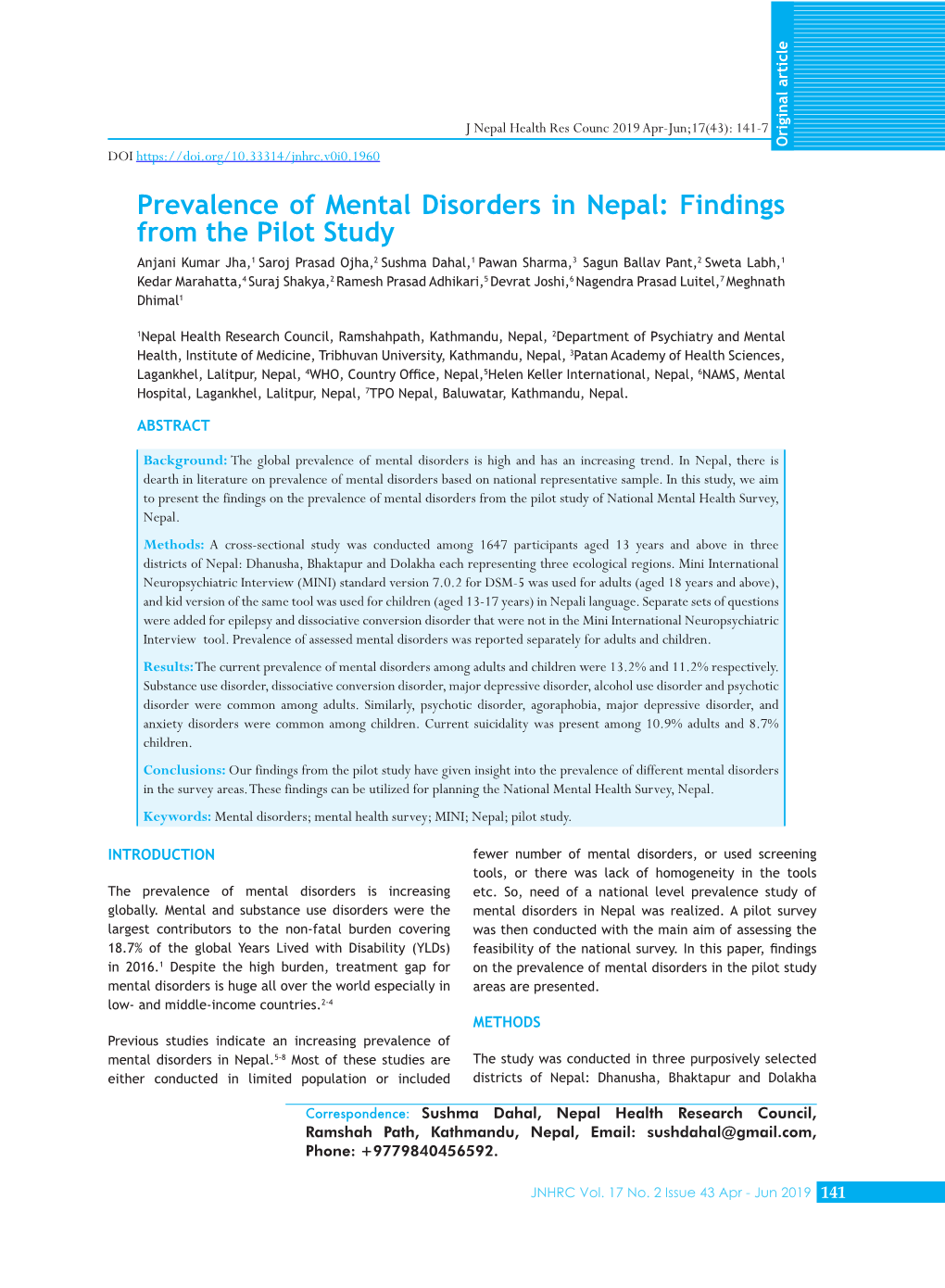 Prevalence of Mental Disorders in Nepal