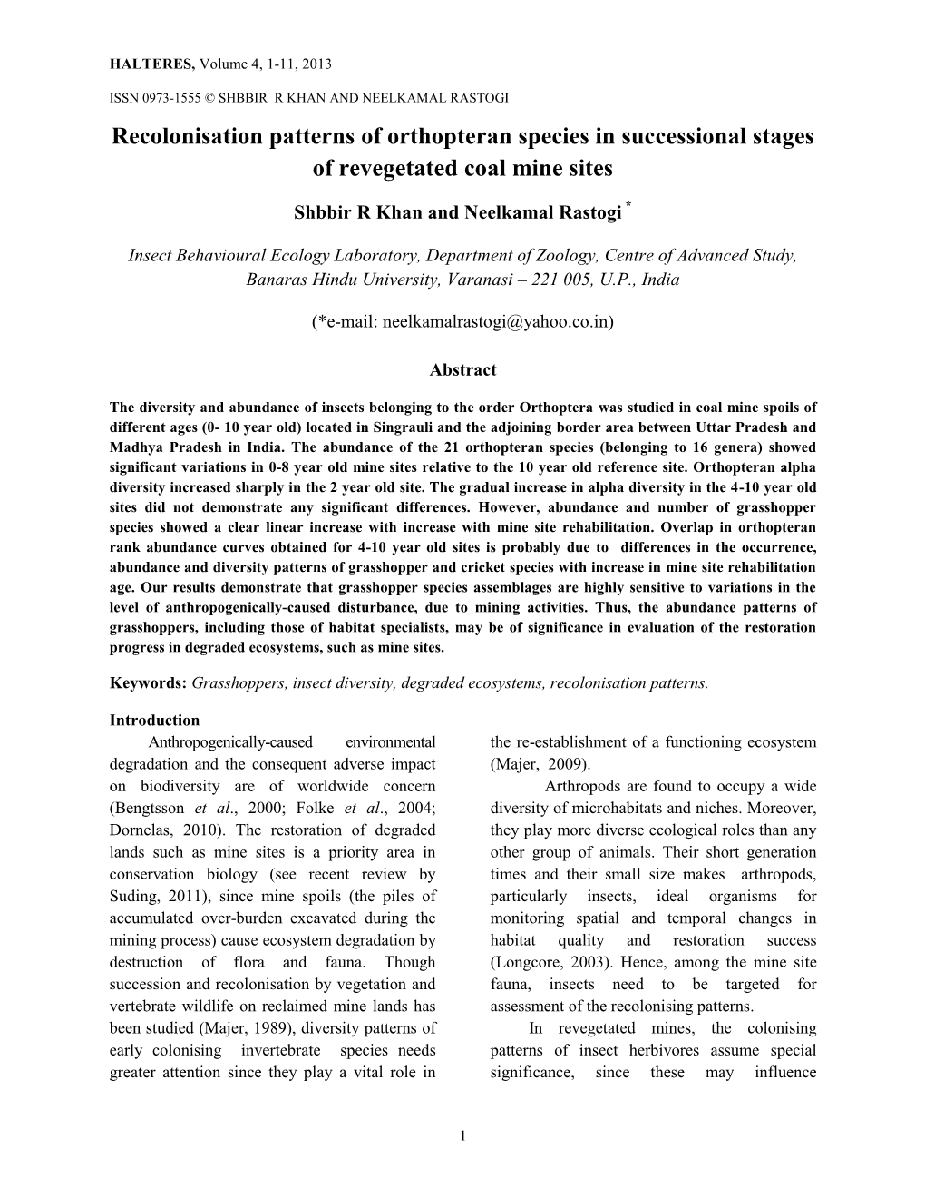 Recolonisation Patterns of Orthopteran Species in Successional Stages of Revegetated Coal Mine Sites