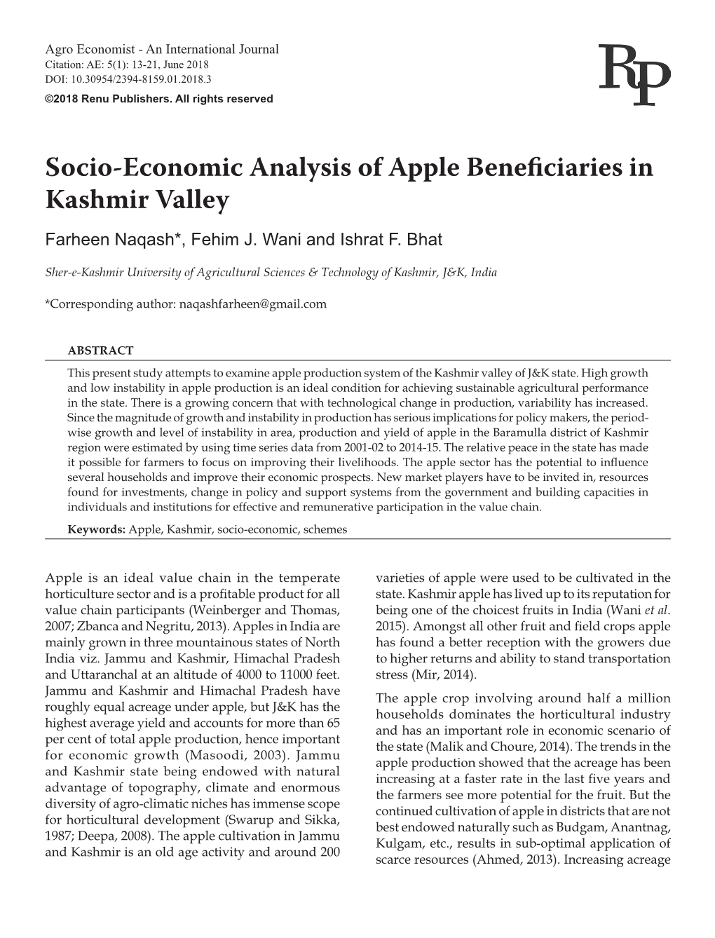 Socio-Economic Analysis of Apple Beneficiaries in Kashmir Valley Farheen Naqash*, Fehim J