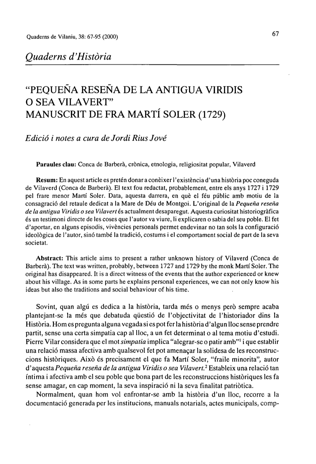 Pequena Resena De La Antigua Viridis O Sea Vilavert" Manuscrit De Fra Martí Soler (1729)