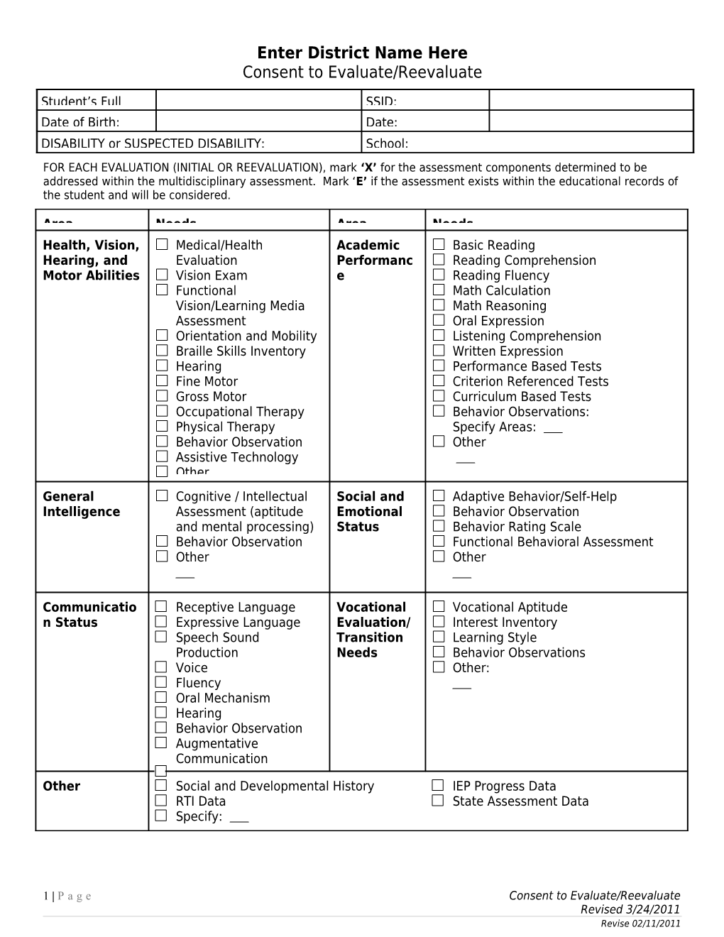 Consent to Evaluate/Re-Evaluate