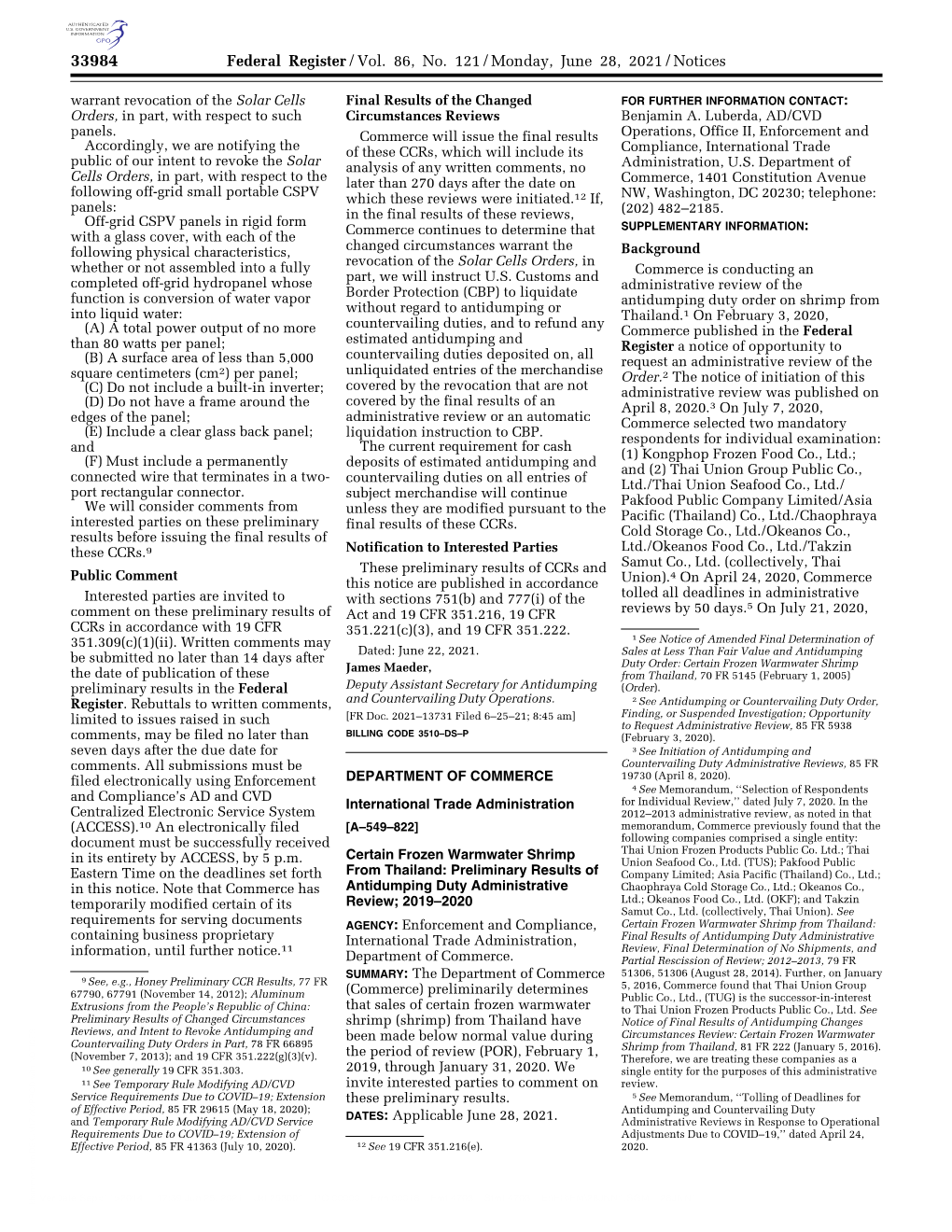 Federal Register/Vol. 86, No. 121/Monday, June 28, 2021/Notices