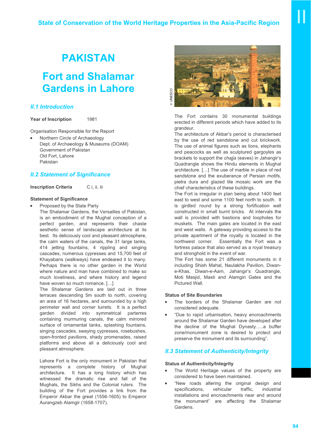 Section II: Summary of Periodic Report on the State of Conservation of Lahore Fort, Pakistan, 2003