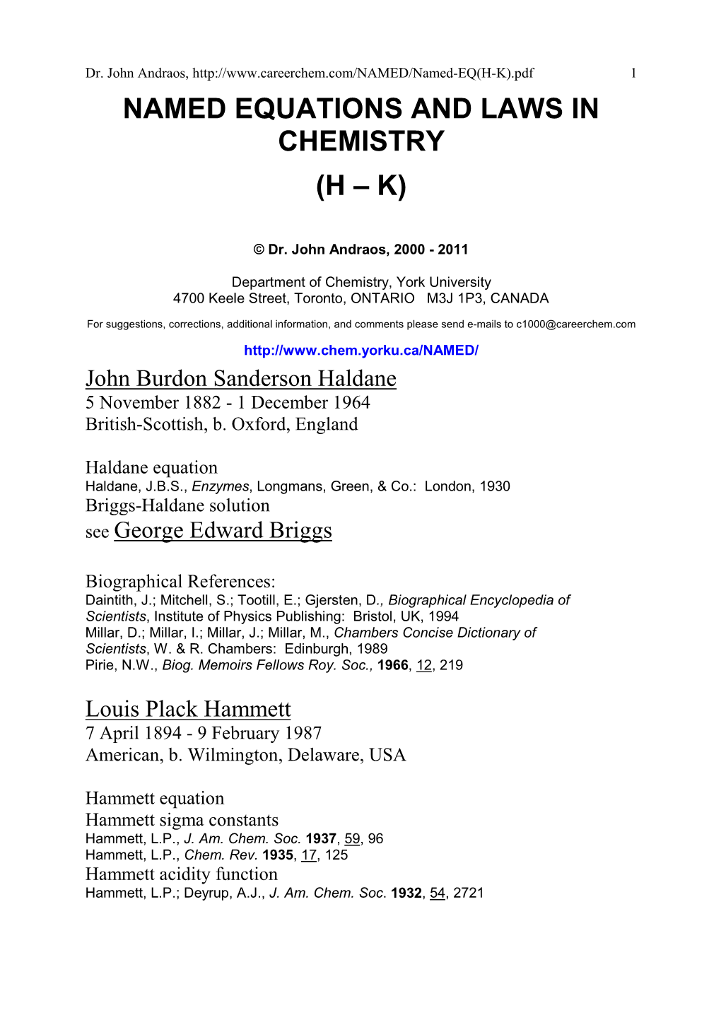 Named Equations and Laws in Chemistry (H – K)