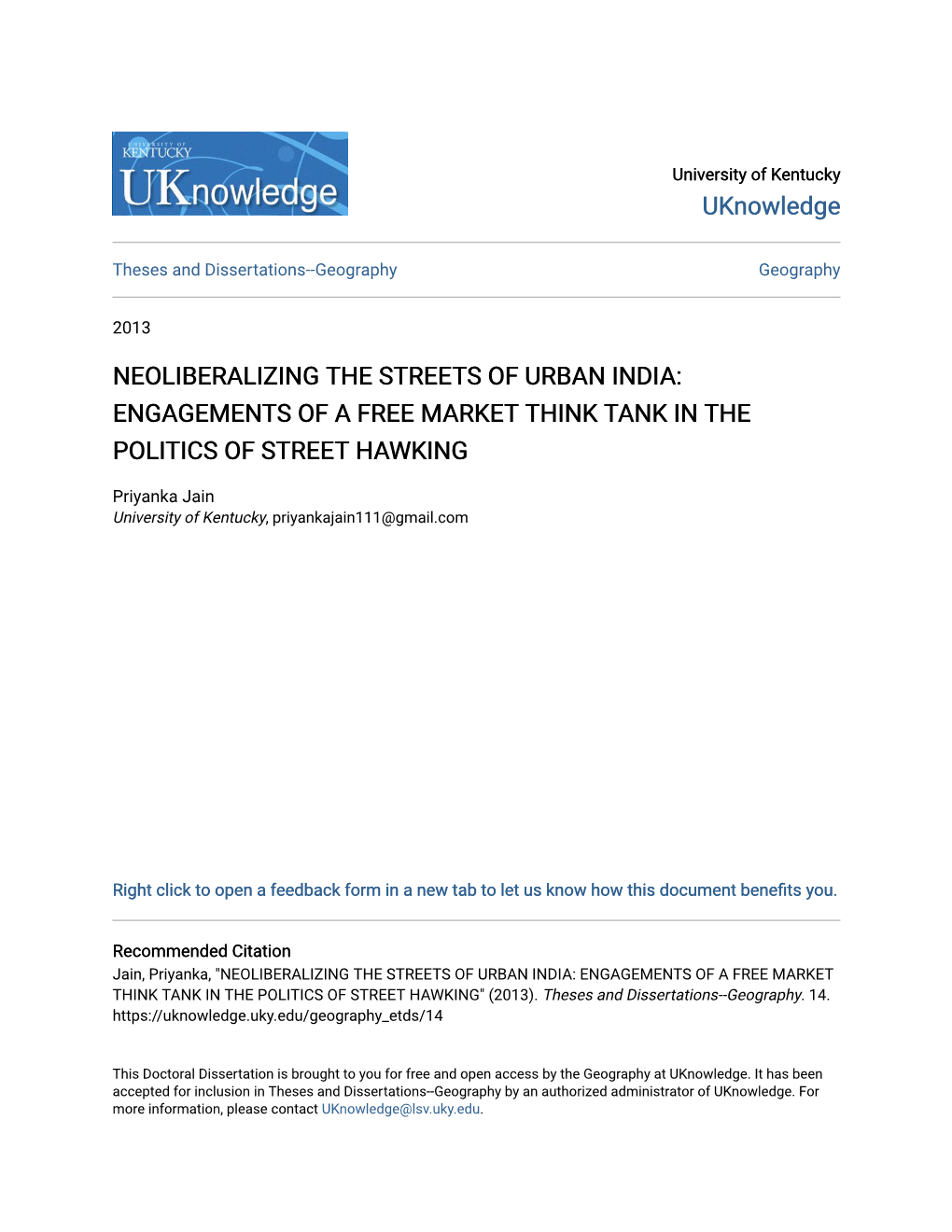 Neoliberalizing the Streets of Urban India: Engagements of a Free Market Think Tank in the Politics of Street Hawking