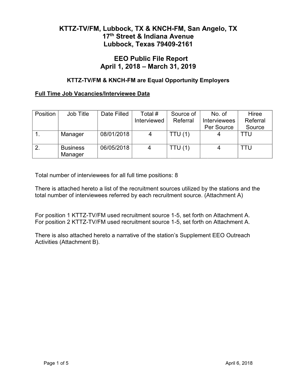 EEO Public File Report April 1, 2018 – March 31, 2019