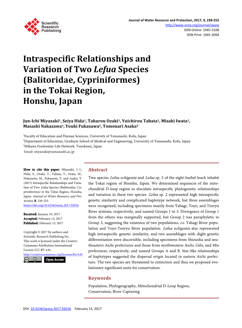 Intraspecific Relationships and Variation of Two Lefua Species (Balitoridae, Cypriniformes) in the Tokai Region, Honshu, Japan