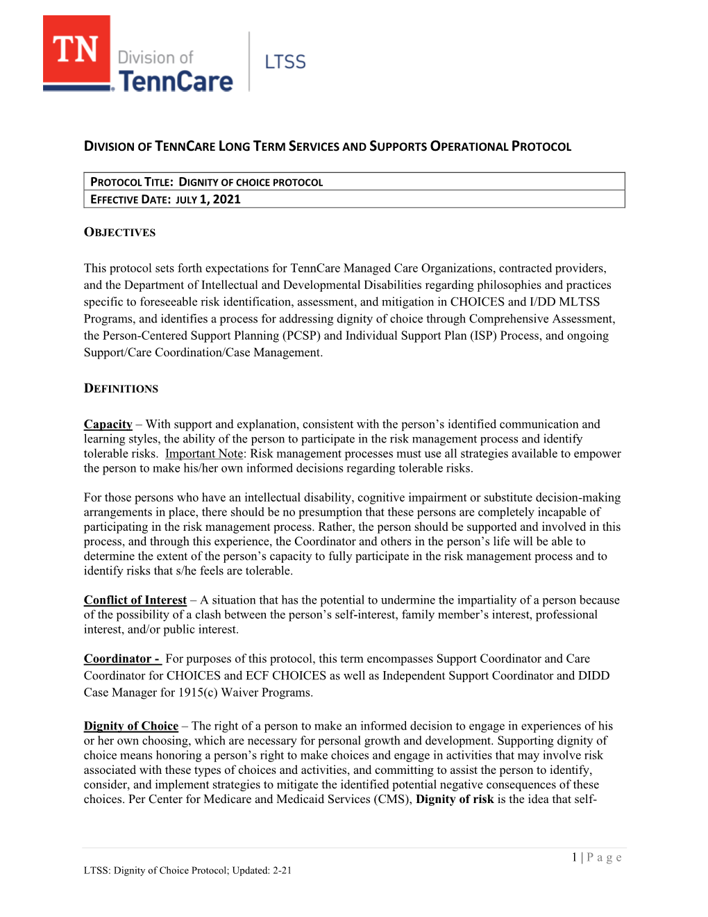 Division of Tenncare Long Term Services and Supports Operational Protocol