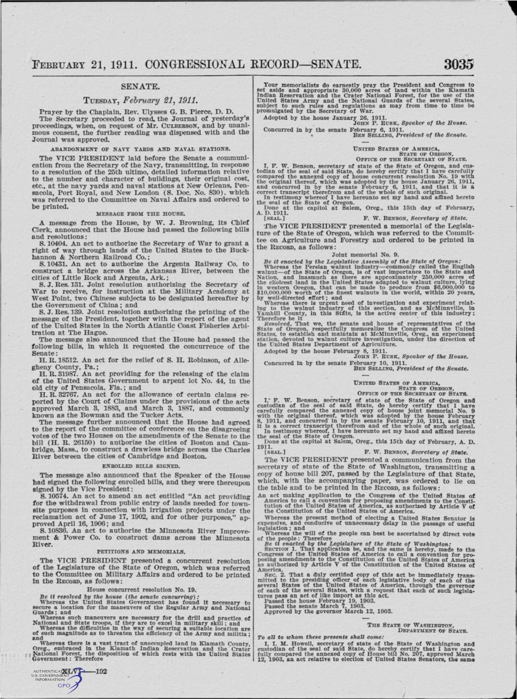 February 21, 1911. Congressional Record- Senate