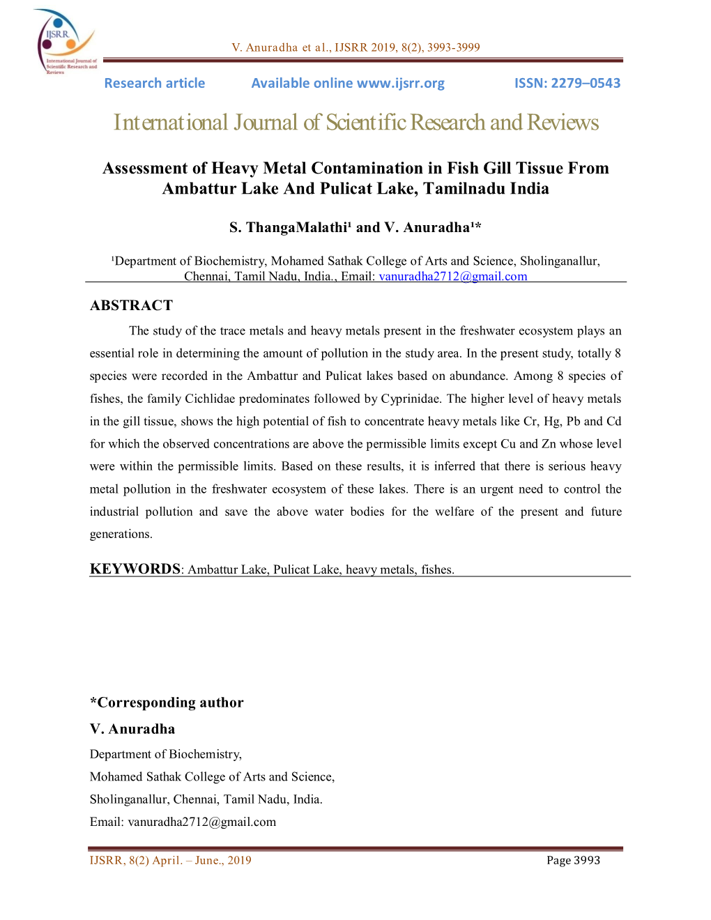 Assessment of Heavy Metal Contamination in Fish Gill Tissue from Ambattur Lake and Pulicat Lake, Tamilnadu India