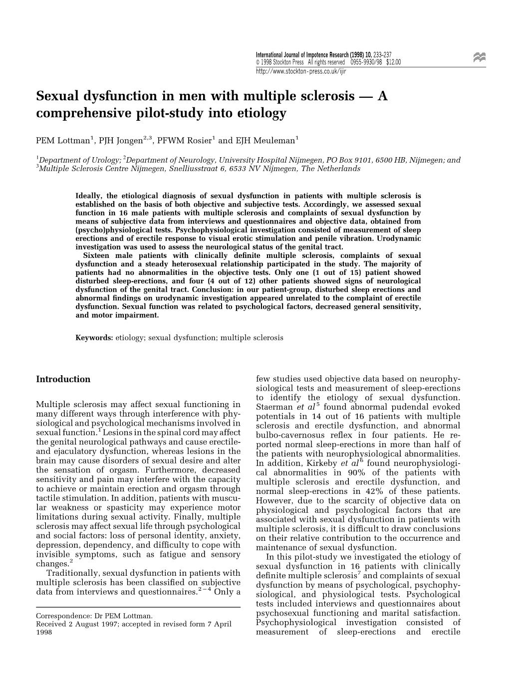 Sexual Dysfunction in Men with Multiple Sclerosis Ð a Comprehensive Pilot-Study Into Etiology