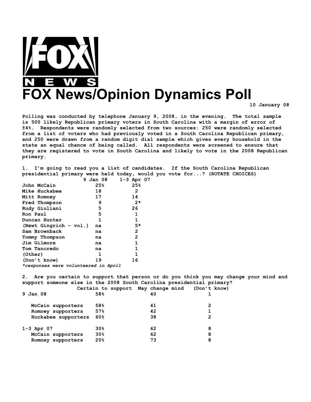 FOX News/Opinion Dynamics Poll 10 January 08