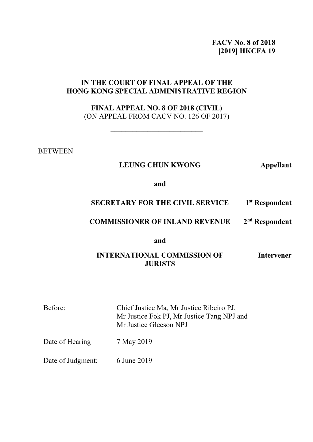 FACV No. 8 of 2018 [2019] HKCFA 19 in the COURT of FINAL APPEAL