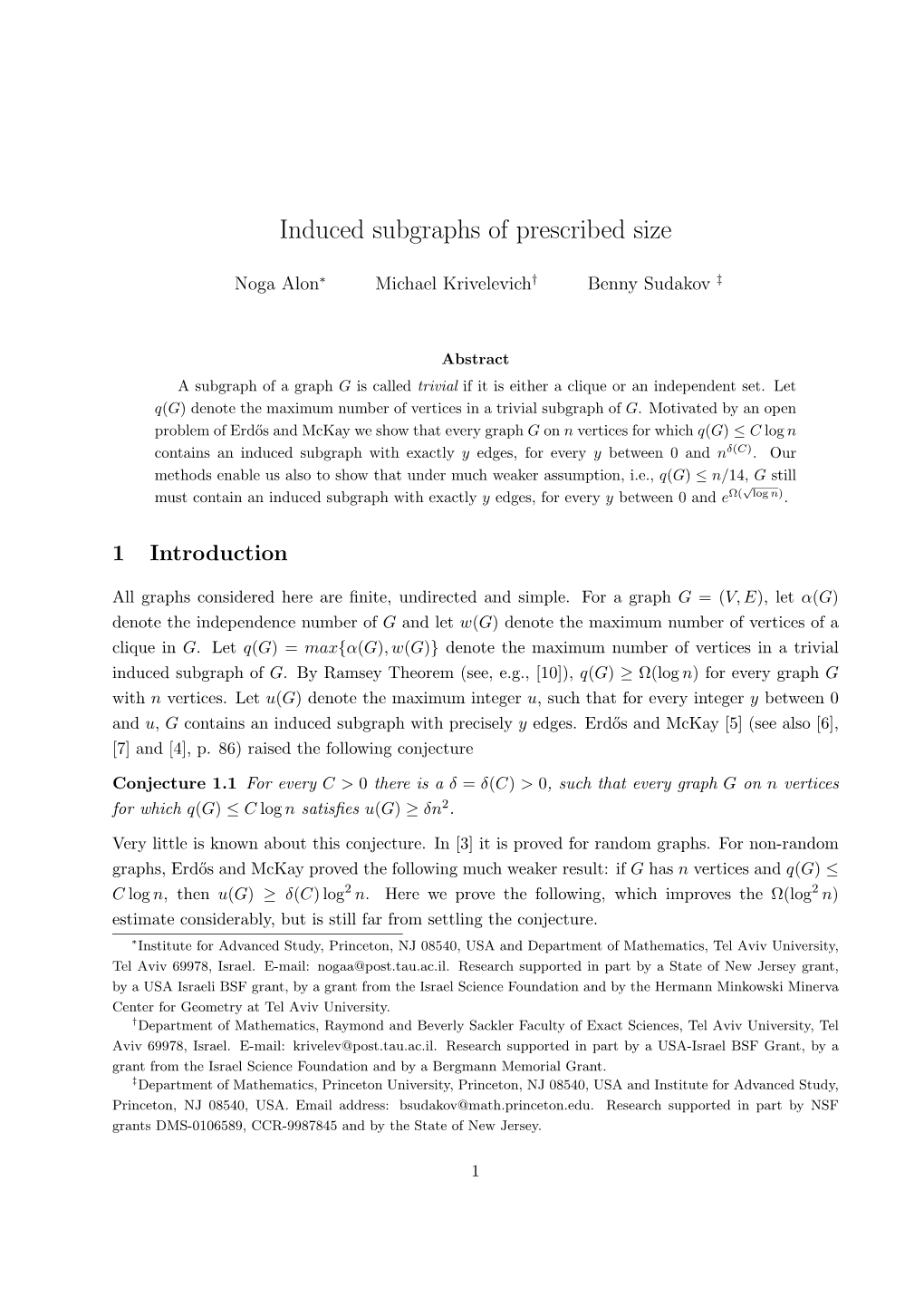 Induced Subgraphs of Prescribed Size, J. Graph Theory 43