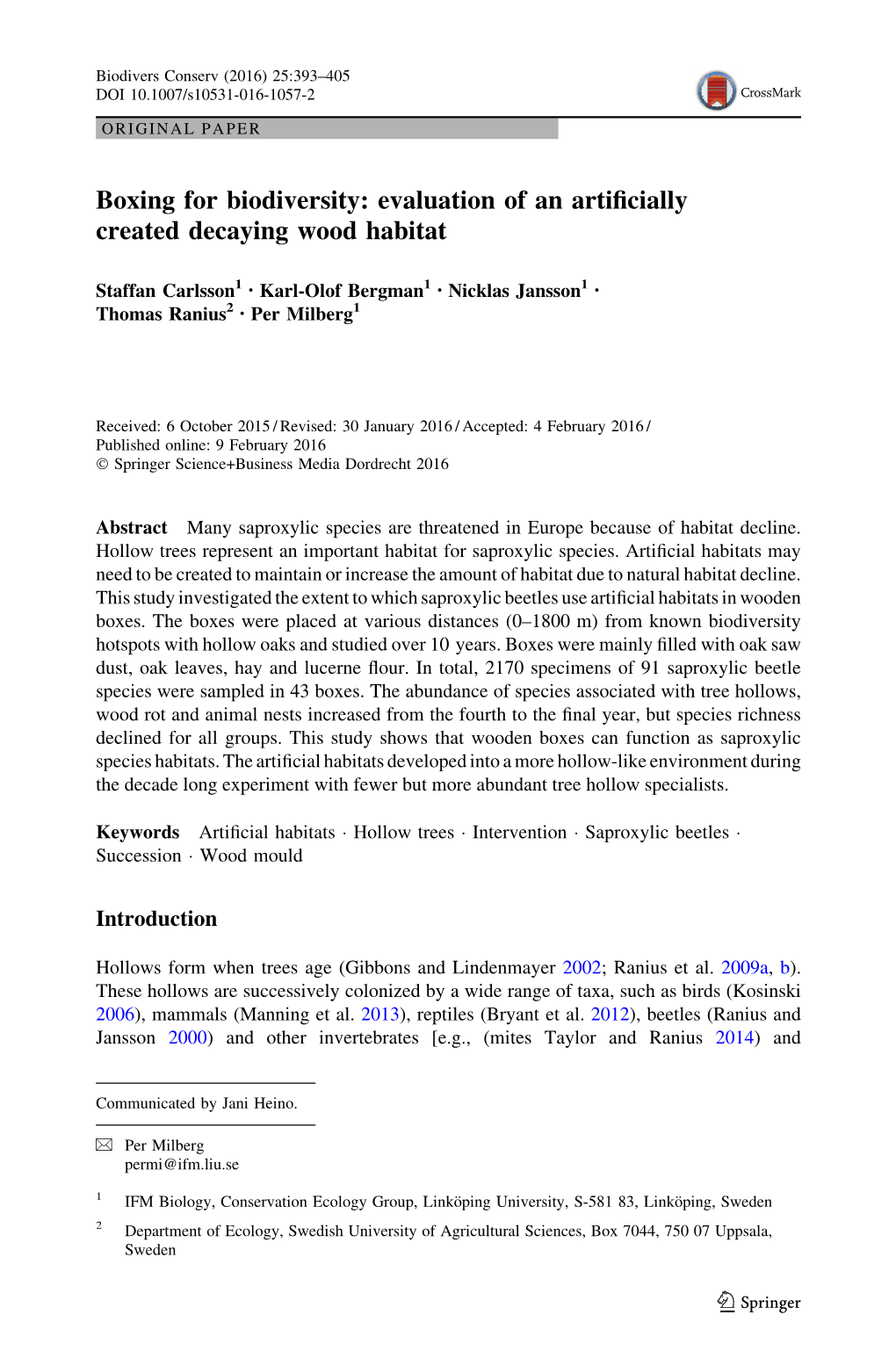 Carlsson Et Al 2016 Boxing for Biodiversity Evaluation of An