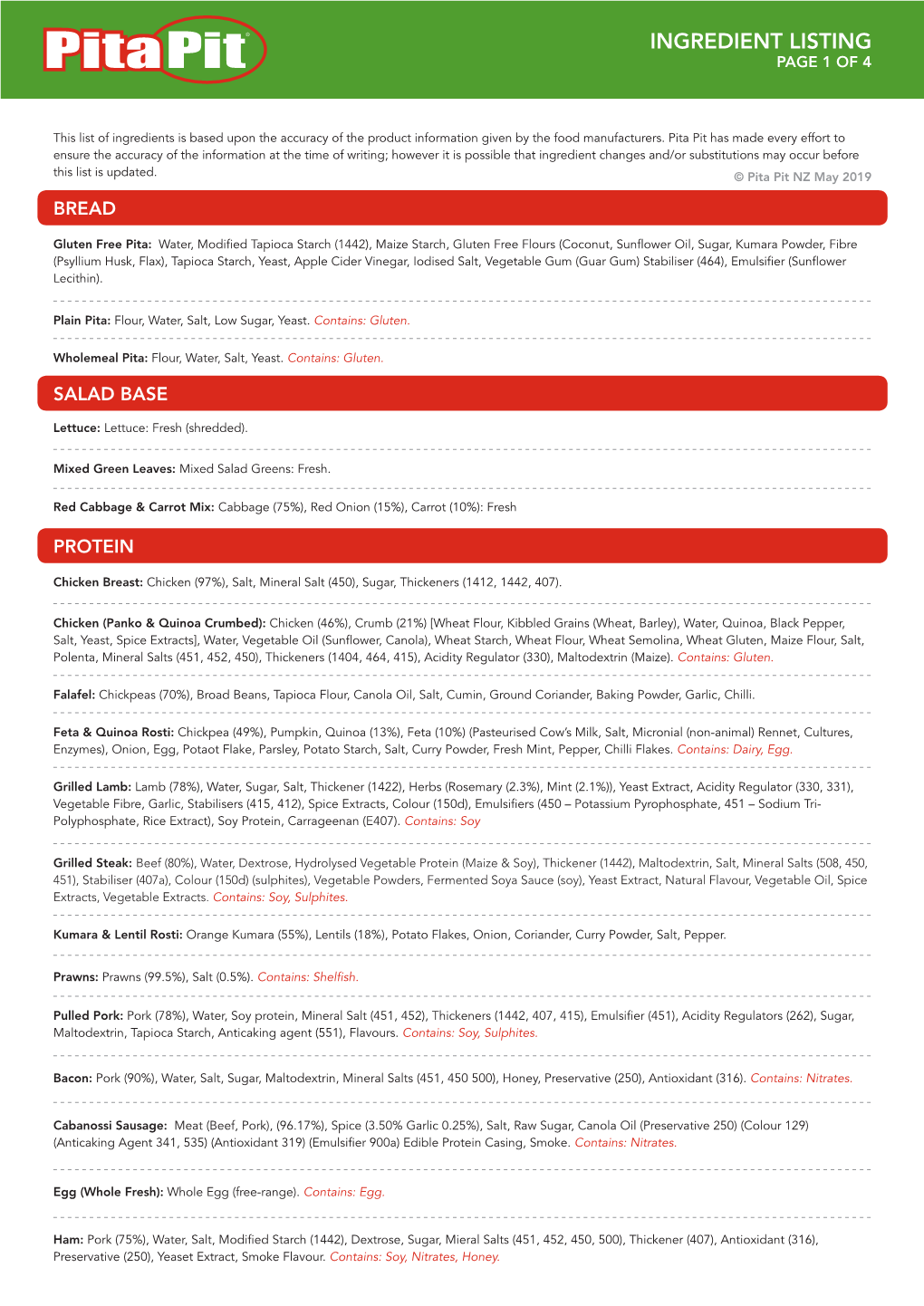 Ingredient Listing Page 1 of 4