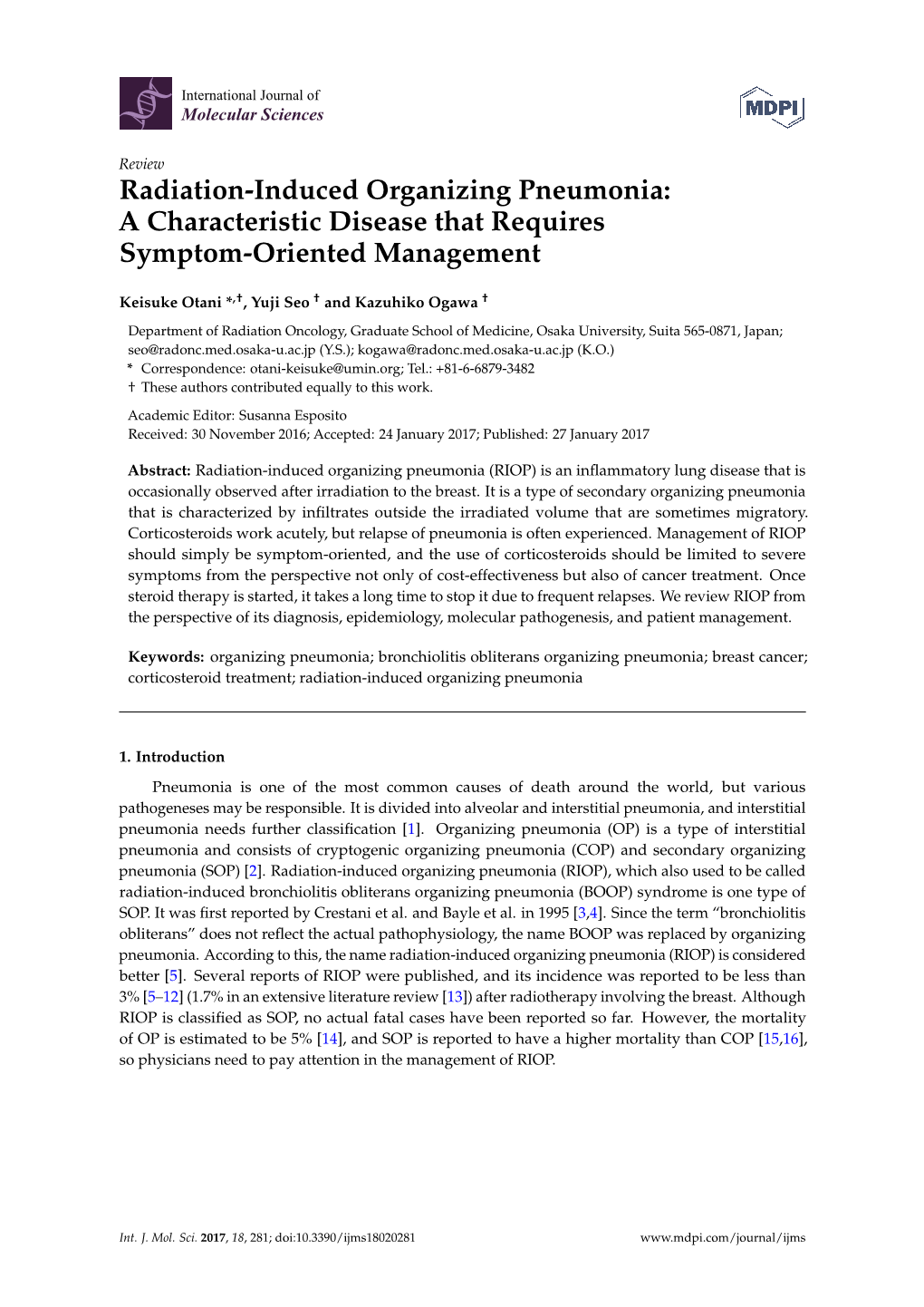 Radiation-Induced Organizing Pneumonia: a Characteristic Disease That Requires Symptom-Oriented Management