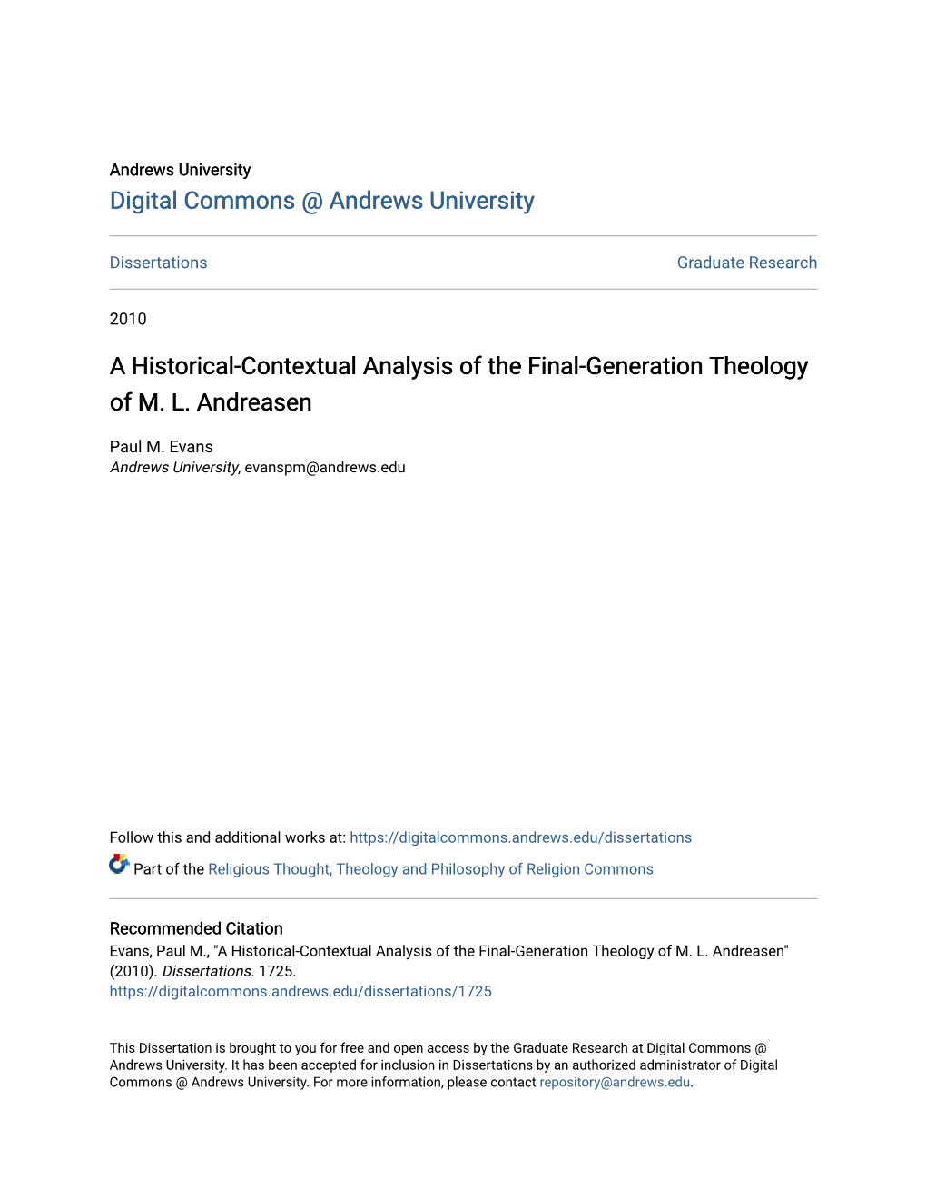 A Historical-Contextual Analysis of the Final-Generation Theology of M. L. Andreasen