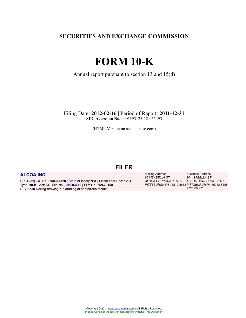 ALCOA INC Form 10-K Annual Report Filed 2012-02-16